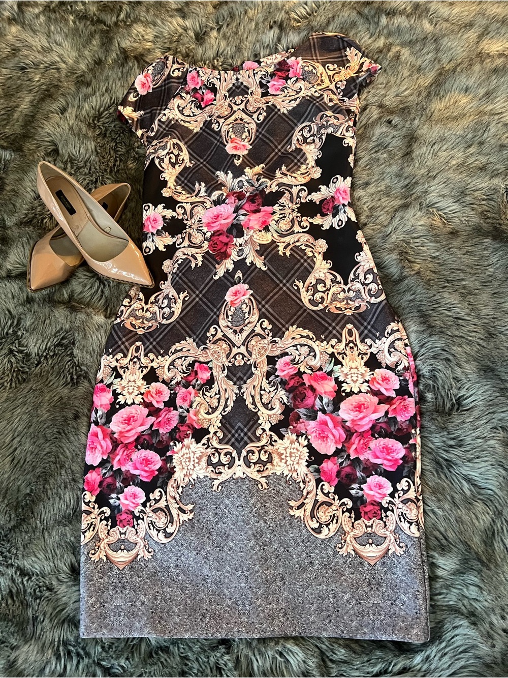 Floral Baroque Midi Dress in Black, Pink & Gold